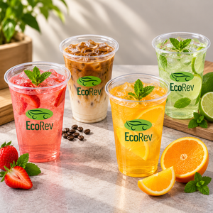 Gobelets en plastique transparent EcoRev, ronds, en PP, imprimés en sérigraphie avec logo feuille verte, pour boissons, diamètre 98 mm - Product Image 6