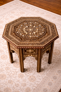 Table de chevet hexagonale artisanale en os incrusté, style ferme traditionnel, avec motif floral, pour mobilier de chambre - Product Image 4