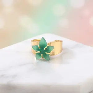 Bagues ajustables en onyx vert naturel en forme de fleur pour femmes, plaquées or 18 carats, en laiton, design personnalisé, bijoux anti-ternissement - Product Image 4
