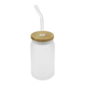 Botella de Vidrio de 455 ml con Pajita y Tapa de Bambú para Bebidas y Vino, Diseño Elegante y Ecológico - Product Image 1