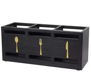 Porte-ustensiles rectangulaire en bois noir au design minimaliste avec icônes cuillère, fourchette et couteau pour ustensiles de cuisine - Product Image 1