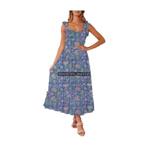 Custom Made Cotton Fabric Floral Block Printed Cotton Sleeveless <b>Spaghetti</b> <b>Strap</b> <b>Dress</b> For Women Clothing Stores - Product Image 1