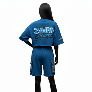ชุดเสื้อยืดและกางเกงขาสั้นผ้าฝ้ายฟลีซคุณภาพสูงสำหรับผู้หญิง น้ำหนัก 240 กรัม ผ้าเรียบ สีน้ำเงิน รับสกรีนโลโก้ ชุดกีฬาสำหรับผู้หญิง - Product Image 2