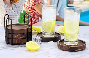 6Pcs Acacia Wood <b>Drink</b> <b>Coasters</b> Set with Holder | Wooden Tea Coffee Cup <b>Coasters</b> <b>for</b> Table Home Office Decor - Product Image 5