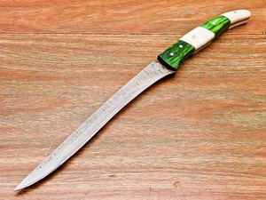 Damascus Steel Fillet <b>Knife</b> Serrated Edge Drop Point Blade Wood <b>Bone</b> <b>Handle</b> Industrial Grade 13" Overall Length 1 Year Warranty - Product Image 6