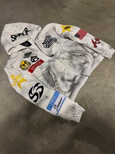 Custom White Full Zip Hoodie for Men Oversized Graphic Patch Embroidered Rhinestone Streetwear Cotton Fleece Zip Up Hooded - Product Image 5