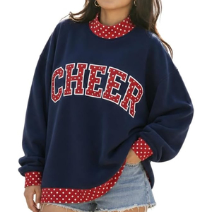 Women's Oversized Crew Neck Sweatshirt <b>Applique</b> Cheer <b>Letter</b> Print Red Polka Dot Trim Long Sleeve Knitted Polyester Winter Style - Product Image 1
