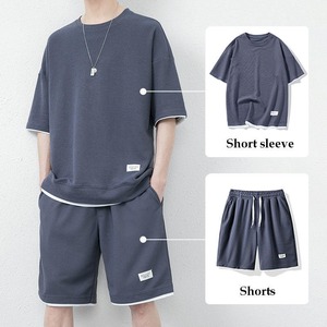 ชุดลำลองผู้ชายฤดูร้อนแบบใหม่ OEM สั่งทำได้ เสื้อยืดแขนสั้นสีพื้น กางเกงขาสั้นรัดเชือก ชุดออกกำลังกาย สตรีทแวร์ ชุดผู้ชาย 2 ชิ้น - Product Image 2