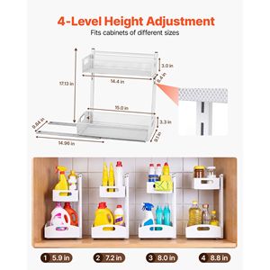 <b>Under</b> <b>Sink</b> Organizer 2 Pack 2 Tier Pull Out Cabinet Shelf with 4 Level Height Adjustment Metal Slide Kitchen <b>Storage</b> - Product Image 3