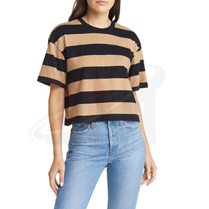 เสื้อครอปท็อปแขนสั้นคอกลมลายทางสำหรับผู้หญิง สไตล์สตรีทแวร์ ทรงหลวม ผ้าถักนิตติ้ง คอตตอน คุณภาพพรีเมียม กำลังเป็นที่นิยม - Product Image 1