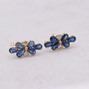 Wholesale 14k Yellow Gold Natural Pear <b>Blue</b> <b>Sapphire</b> Diamond Cluster Stud <b>Earrings</b> Memoria Jewels - Product Image 3