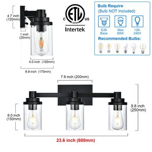 Lampada da Bagno Nera a 3/4 Luci con Paralume in Vetro Trasparente per Specchi e Mobili da Bagno - Product Image 6