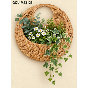 Jardinière murale ronde en rotin avec succulentes artificielles, style bohème, décoration de jardin, lumière murale - Product Image 4