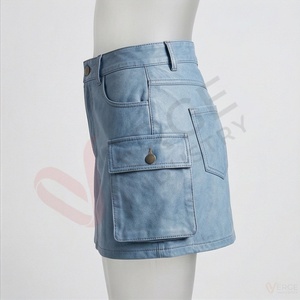 Women's Light Blue <b>Faux</b> <b>Leather</b> Mini <b>Skirt</b> High Waist Cargo Pocket A Line Short <b>Skirt</b> - Product Image 3