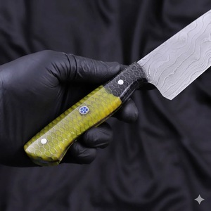 Finished Elegant Stainless Steel Damascus Chef Knife with Black & Green Honeycomb Handle, Mosaic Pin & Silver Accents - Product Image 3