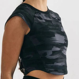 Women's Black Camo Print Crop <b>Top</b> Drop Shoulder O-Neck Quick Dry Anti-Wrinkle Breathable Sporty Fit Knitted Canvas 100% Cotton - Product Image 5
