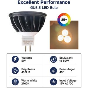 Set di 4 Lampadine LED MR16 Aggiornate per Illuminazione Paesaggistica, 5W GU5.3 Non Dimmerabili, 9-17V AC/DC, Faretto da Esterno Impermeabile per Giardino - Product Image 2