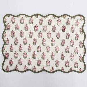 Handmade Classic Eco-Friendly Wave Scalloped Pink Uniform <b>Green</b> Rectangle Indian Block Floral Print Fabric Quilted Cotton Custom - Product Image 4