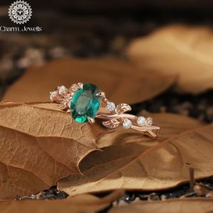 Charm_Jewells Rose Gold Emerald <b>Ring</b> With Diamond Accents Plant Design Romantic Engagement <b>Ring</b> For Women - Product Image 1