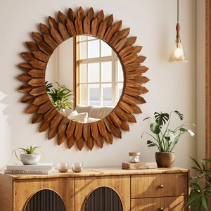 Luxury <b>Round</b> Wood Sunburst <b>Wall</b> <b>Mirror</b> Bohemian Decorative Accent <b>Mirror</b> for Home Interior Design At Cheap Price - Product Image 5