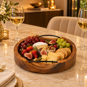 Plateau de service rond en bois moderne et écologique de qualité supérieure avec poignées en métal |   Décoration multifonctionnelle pour la cuisine et la maison - Product Image 2