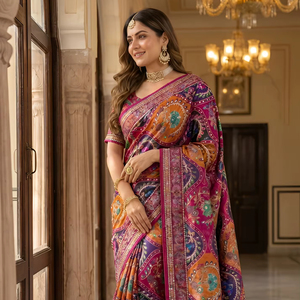 Sari en soie romaine Kodi latkan avec imprimé Ajarakh, travail de miroir véritable, bordure à passepoil et pallu, et chemisier en soie avec travail de miroir. - Product Image 1