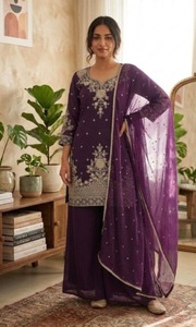 Premium Roman Silk Embroidered Top With Palazzo And Nazmeen Sequence Dupatta Ethnic Wear Set For Women Fashion - Product Image 1