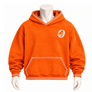 <b>Orange</b> Stitched Border Distressed Pullover <b>Hoodie</b> Oversized Streetwear Sweatshirt Contrast Stitch Kangaroo Pocket Casual Wear - Product Image 1