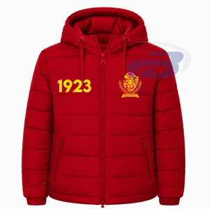 เสื้อแจ็คเก็ตพัฟเฟอร์มีฮู้ดสีแดงสำหรับผู้ชาย NSPDK รุ่นวินเทจสำหรับฤดูหนาว ซิปยาวเต็มตัว สวมใส่สบายๆ สำหรับกิจกรรมกลางแจ้ง แฟชั่นลำลอง - Product Image 1