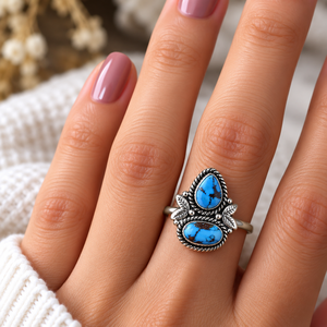 Bague artisanale Golden Hill en turquoise, double pierre poire ovale, style bohème western, bijou de créateur unique, bague tendance en pierres précieuses - Product Image 5