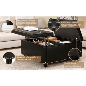 Grande Sgabello Contenitore Quadrato con Due Sportelli, Tavolino da Caffè Moderno Mid-Century, Poggiapiedi per Soggiorno in PU Nero - Product Image 6