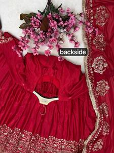 Latest and elegant Chiffon zari and Thread Work <b>Boat</b> Neck Sleeveless Flared Hem <b>Floor</b> Touch Party Wear Anarkali Dress for Women - Product Image 5