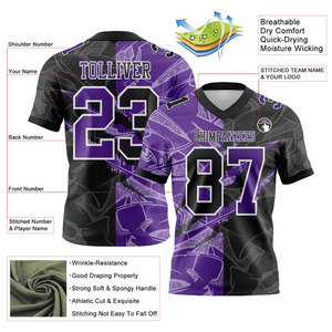 Camiseta de Fútbol Americano Sublimada Personalizada en Morado y Negro, Cuello en V, Manga Corta, Absorbe la Humedad, Nombre del Equipo 00, Uniforme para Hombre - Product Image 2