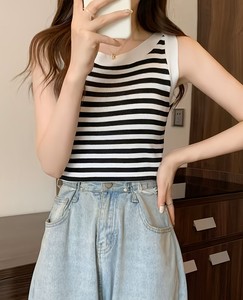 Débardeur tricoté rayé pour femme, sans manches, léger, respirant, écologique, séchage rapide, coupe courte pour l'été décontracté - Product Image 1