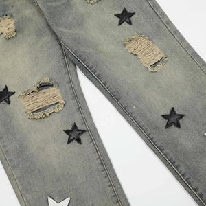 Jeans de Mezclilla Rectos con Parches de Estrellas, Cintura Alta, Algodón, Casuales, para Hombre, Primavera - Product Image 5