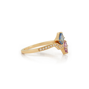 Bague Toi et Moi Ondulée en Or Jaune 14K Massif avec Saphirs Multicolores et Diamants Taille Octogonale 5x4mm 100% Naturels – Design Unique - Product Image 5