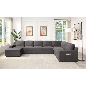 Divano Sezionale a U Waylon 145.5'' in Lino Grigio a 7 Posti con Chaise Longue e Tasca per Soggiorno - Product Image 1