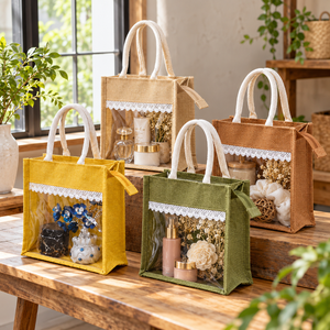 Sac de shopping en jute de haute qualité premium |   Sac fourre-tout réutilisable écologique avec fenêtre transparente en PVC, fermeture éclair, poignée en coton doux, taille et couleur personnalisées - Product Image 4