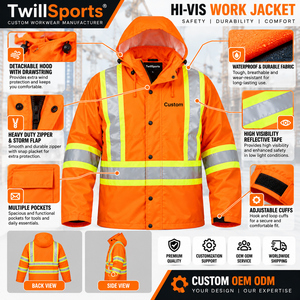 Men's High Visibility <b>Orange</b> Reflective Rain <b>Jacket</b> With Removable Hood Waterproof Workwear Safety Coat - Product Image 6