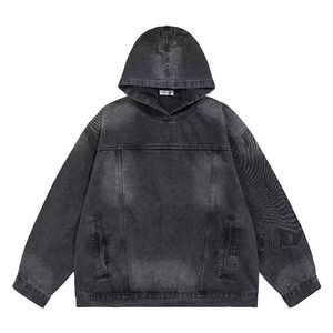 Custom Print <b>logo</b> <b>No</b> String Acid Wash Denim Hoodie Cotton Heavyweight Thick Design Streetwear Oversize Men Hoodie - Product Image 4