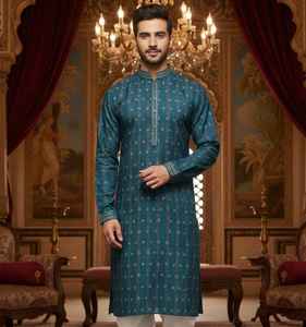 Conjunto de Kurta y Pijama de Seda Artística Premium para Hombre con Tejido Zari y Trabajo Pintex - Product Image 1