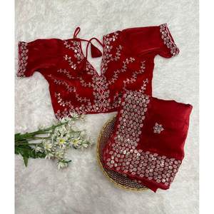 ATRUCTIVE SILK EMBROIDERY SEQUENCE WORK SAREE with STITCHED <b>BLOUSE</b> <b>RED</b> - Product Image 1