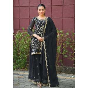 Designer Straight Shaped Chiffon Sharara Suit with Natural Waistline and Sequence Embroidered Work - Product Image 6