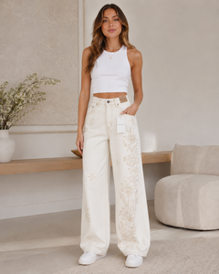 Jean large taille haute Webson avec broderie florale, style grande taille, longueur intégrale, en denim de coton doux, pour femme, collection printemps - Product Image 4