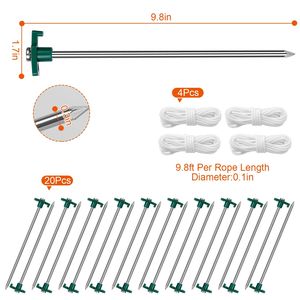 Set di 20 Picchetti per Tenda Resistenti da 25 cm con Corde in Nylon da 2,95 m e Martello per Tende Pop-up - Product Image 3