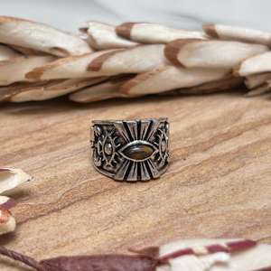 Eye Symbol Gold Statement <b>Ring</b> for <b>Men</b> Silver Plated Marquise Cut Tiger Eye Gift Tribal Protection Design Wholesale - Product Image 3