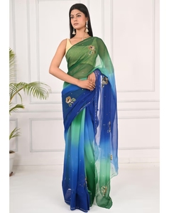 Sari floral KV émeraude et saphir avec chemisier non cousu - Product Image 1