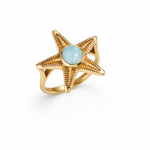Anillo de Estrella de Mar de Latón con Cabujón de Larimar, Ajustable, Inspirado en el Océano, Anillos Modernos de Piedras Preciosas Naturales Hechos a Mano, Joyería para Mujer - Product Image 1