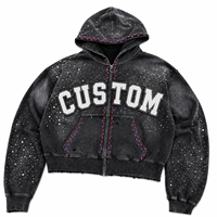 Sweat à capuche zippé surdimensionné personnalisé avec strass, 100 % coton, tissu doux, look tendance, design patchwork vieilli, unisexe