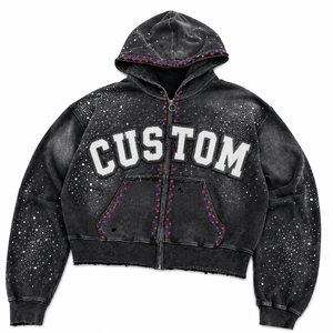 Sudadera con capucha personalizada de gran tamaño con pedrería, 100% algodón, tela suave, con cremallera, estilo moderno, diseño de patchwork desgastado, unisex. - Product Image 1